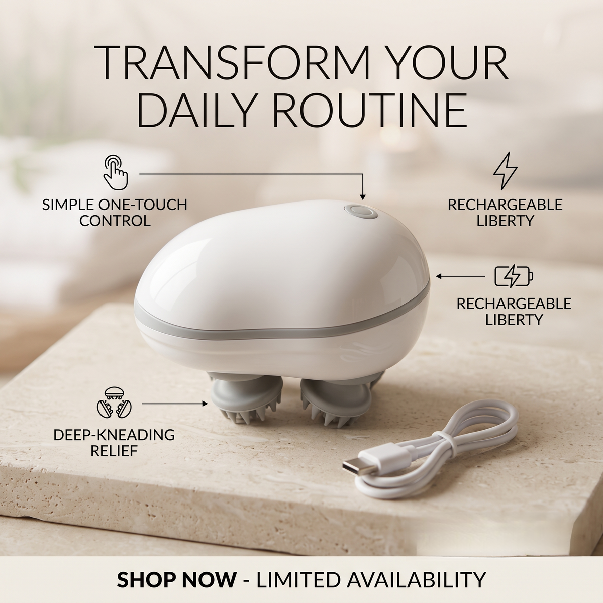 Electric Scalp Massager USB Rechargeable with 4 Massage Heads