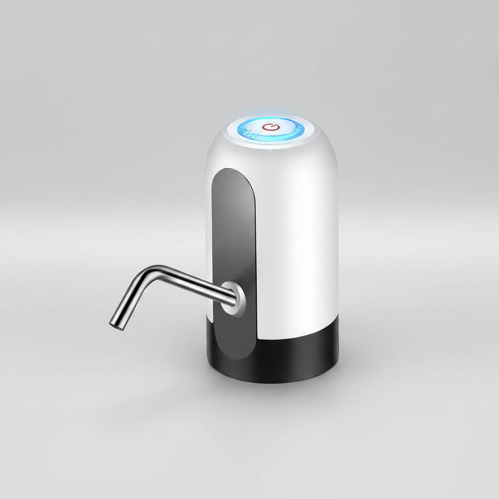 White and black water dispenser with a metallic spout on a white background